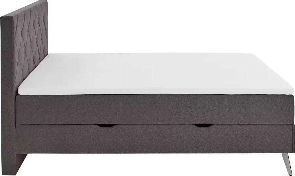 Boxspring 180x200 cm, lada de depozitare, saltele și topper inclus, culoare gri antracit, material țesătură, cu picioare înalte