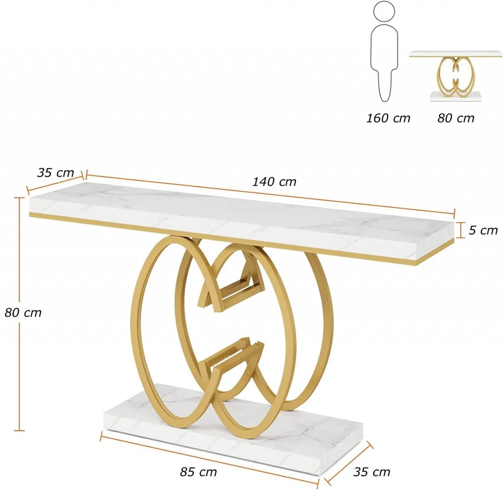 MAU20 - Masa Consola, 140 cm, masuta hol, living, dormitor - Auriu - Alb Imitatie de Marmura
