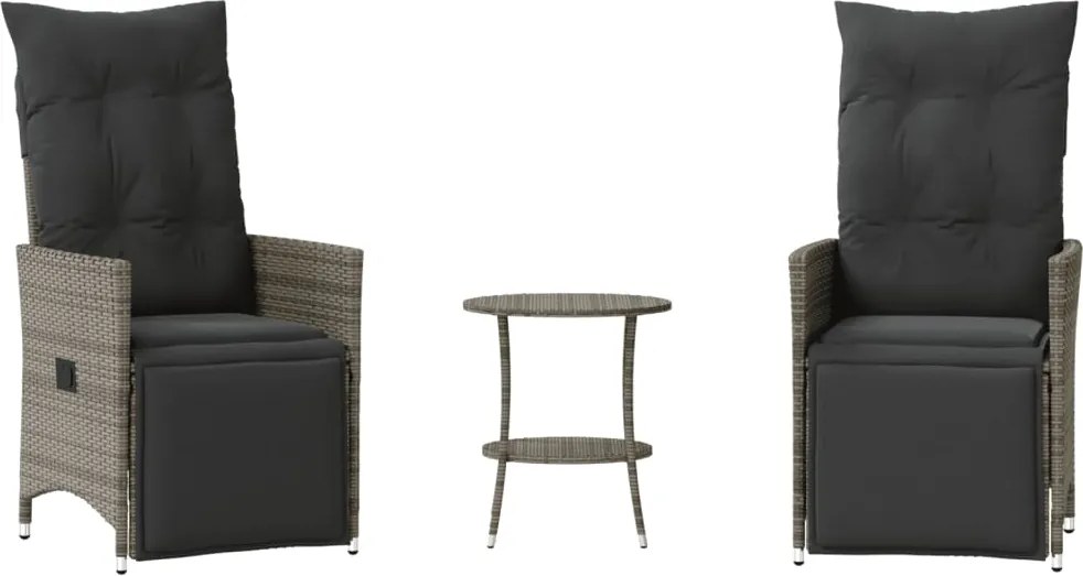 vidaXL Set bistro de grădină cu perne, 3 piese, gri, poliratan