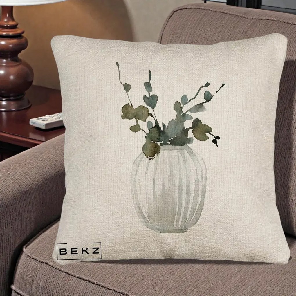 Perna decorativa cu flori: Vaza cu Eucalipt Watercolor, 40x40 cm cu Umplutura, Bej Canapea, BEKZ