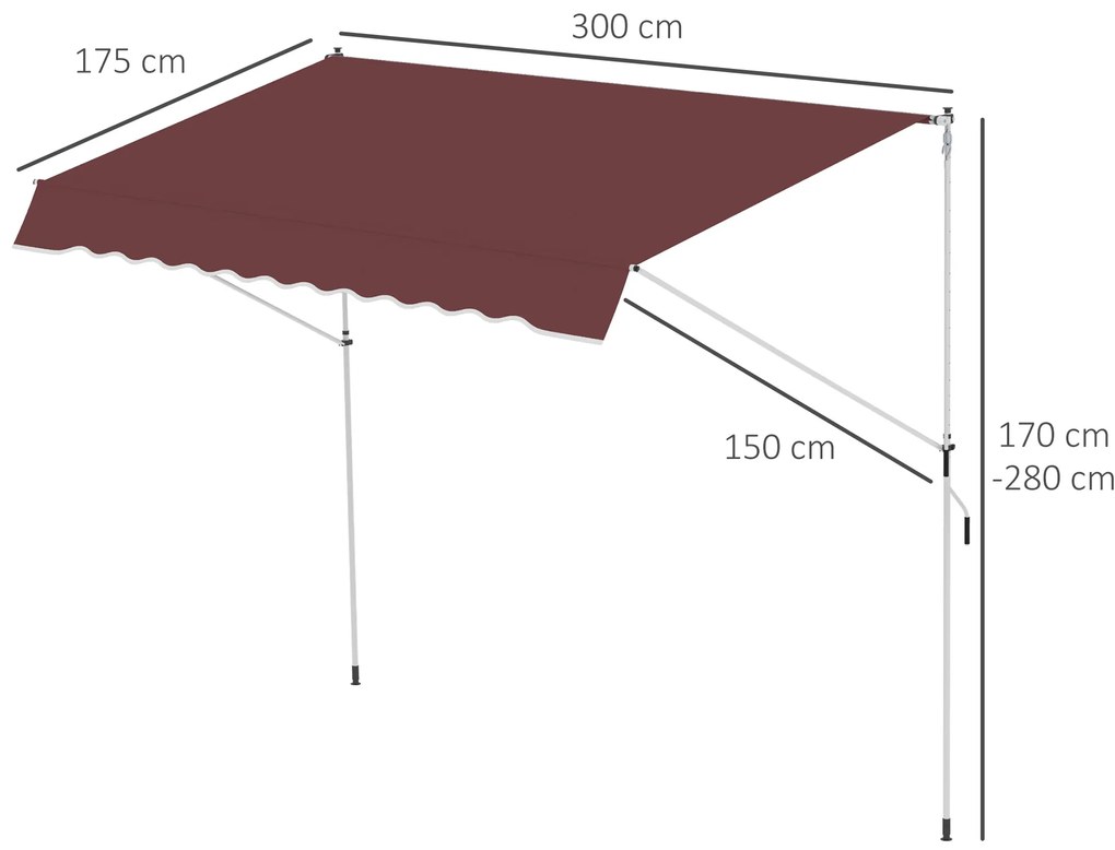 Outsunny Copertină manual retractabilă 3L x 1,5m, înălțime ajustabilă,material din poliester anti-UV, Roșu | Aosom Romania