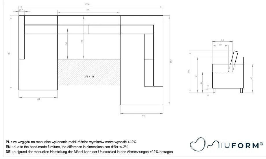 Canapea extensibilă în formă de "U" cu șezlong pe partea dreaptă Miuform Scandic Lagom, bej