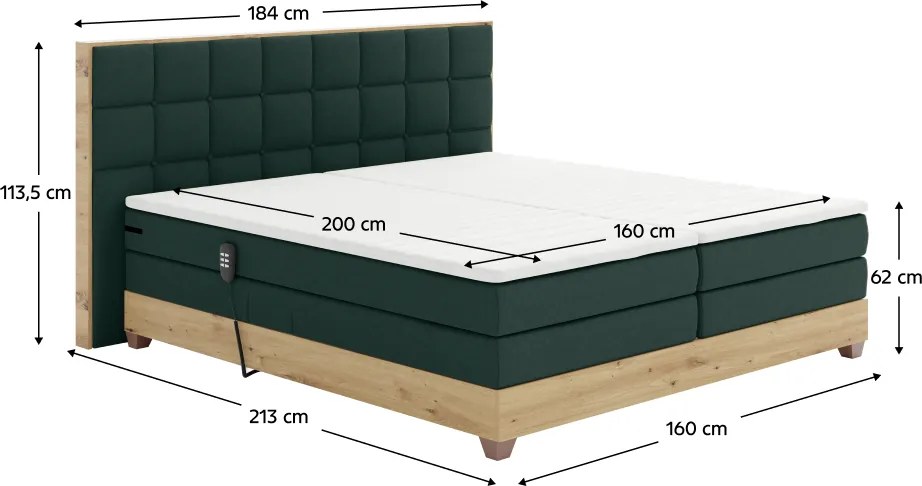 Pat electric reglabil, boxspring, verde/stejar artizanal, 160x200, TIANA