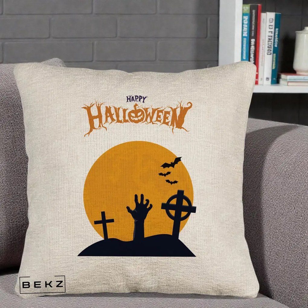 Perna Decorativa Happy Halloween Cimitir cu Luna, 40x40 cm, Bej Canapea, Husa Detasabila, Perna Inclusa, BEKZ®