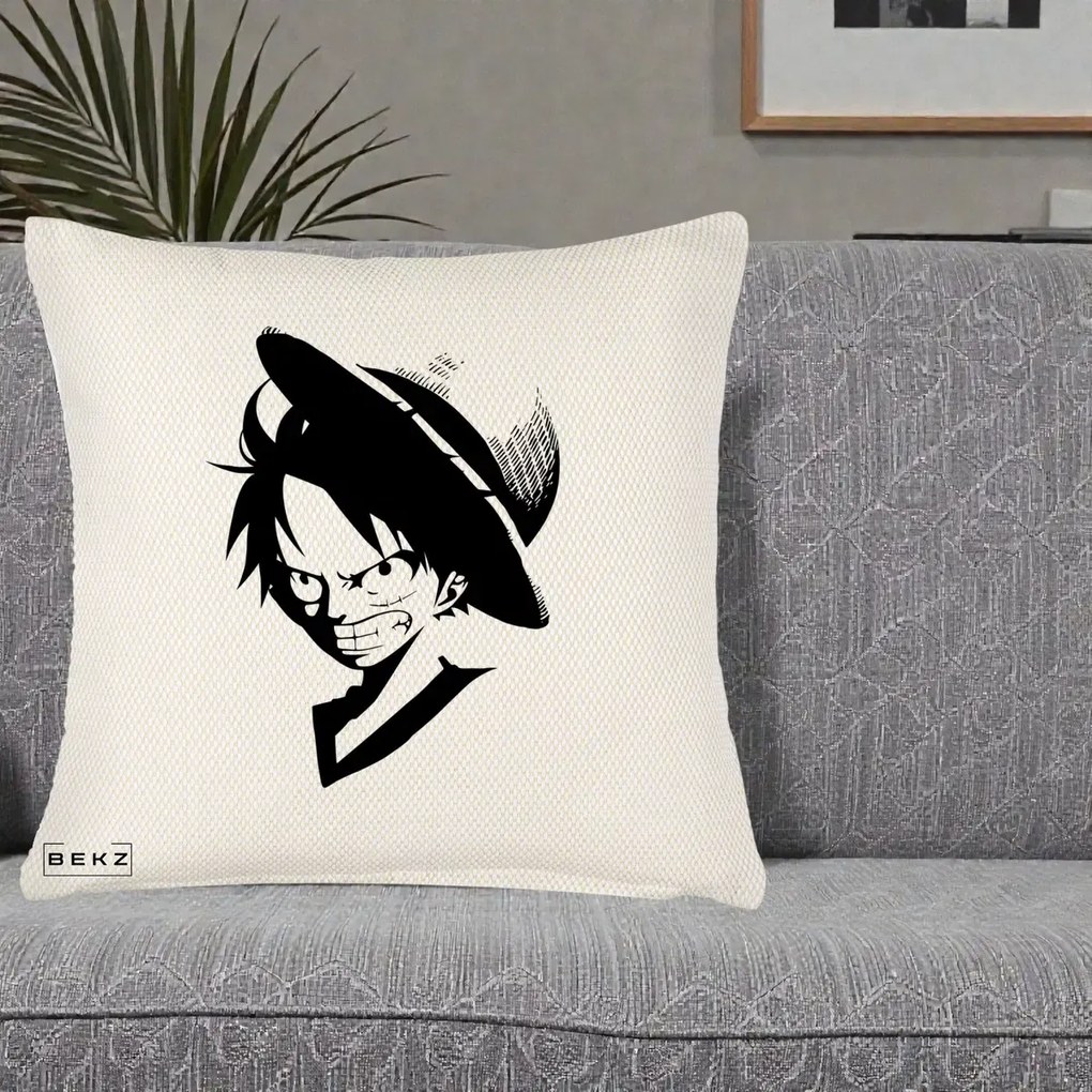 Perna Personalizata One Piece Luffy Silueta Alb-Negru, 40x40 cm, Crem Reliefat, Husa Detasabila, Perna Inclusa, BEKZ®