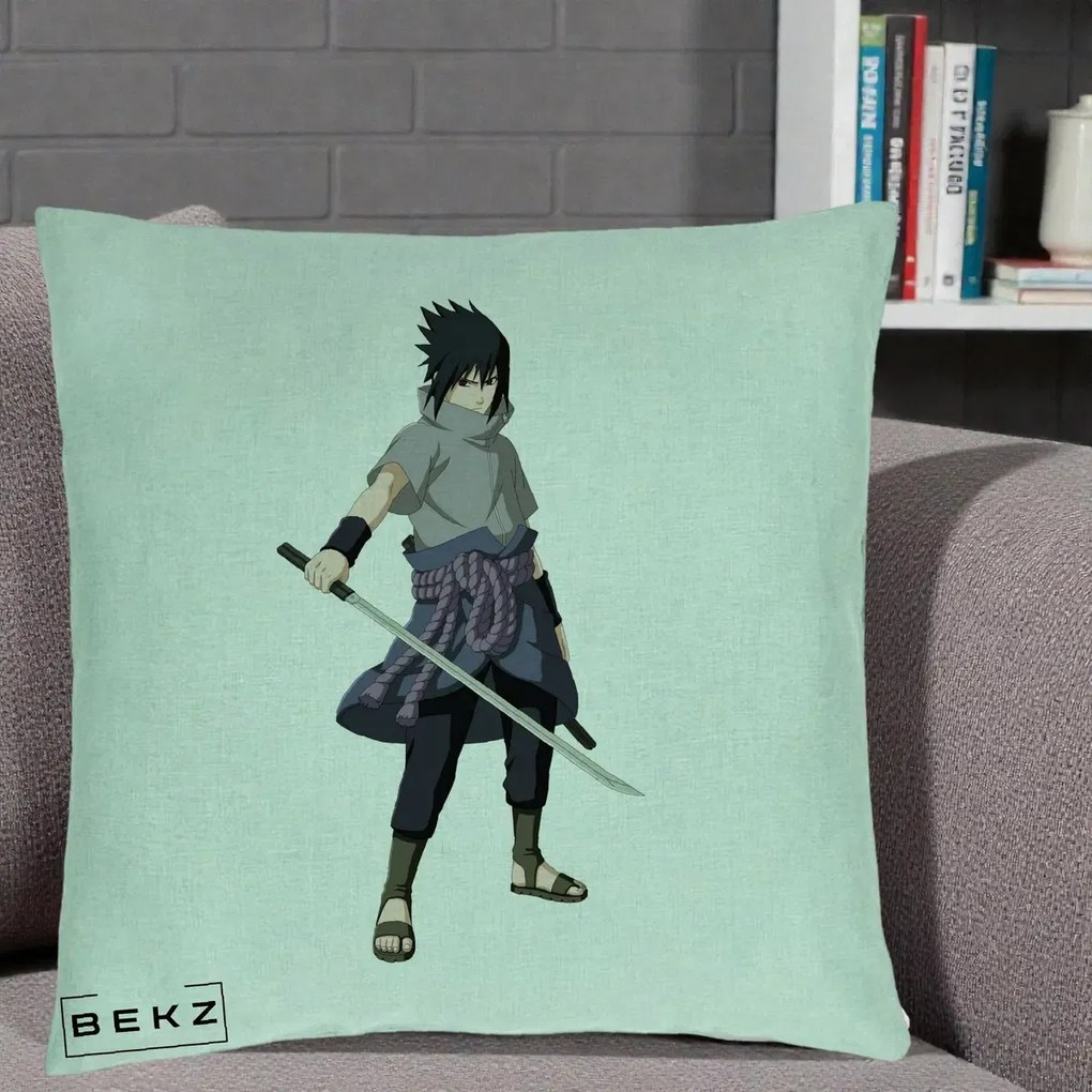 Perna Personalizata Naruto Sasuke Uchiha cu Sabia, 40x40 cm, Verde Menta, Husa Detasabila, Perna Inclusa, BEKZ®
