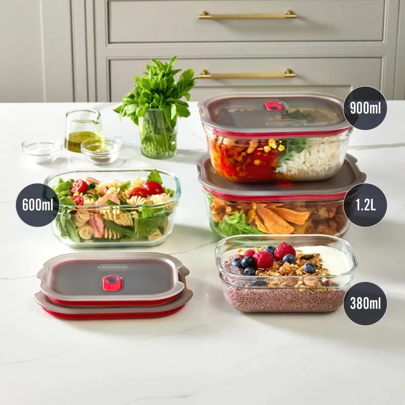 Cutie pentru alimente Black+Blum Stack+Nest FBGR-BX-M017, 0,9 l, dreptunghiulară, potrivită pentru cuptor, fără BPA, sticlă borosilicată, gri/roșu