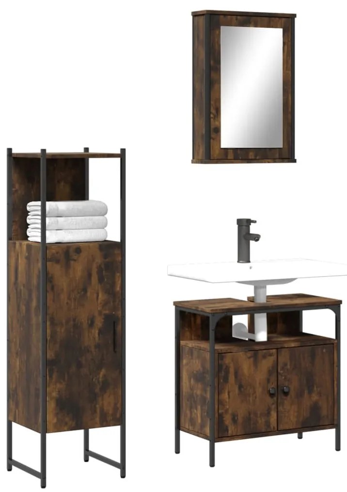 vidaXL Set mobilier de baie, 3 piese, stejar fumuriu, lemn prelucrat