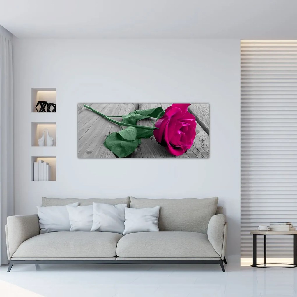 Tablou - Trandafir roz cu tulpina verde (120x50 cm)