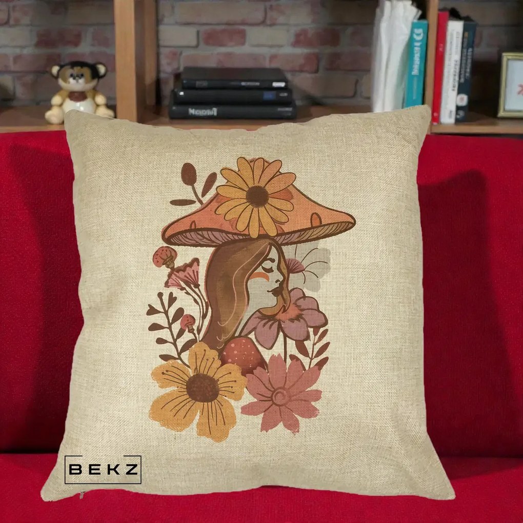 Perna Decorativa Fata Ciuperca Florala Boho, 40x40 cm, Crem, Husa Detasabila, Perna Inclusa, BEKZ®