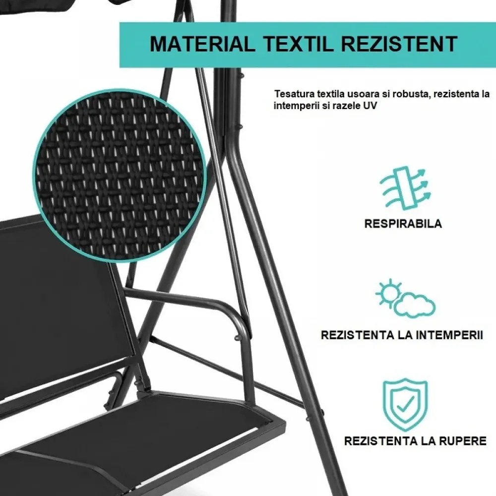 Balansoar de grădină, 3 locuri, cu baldachin și cadru din oțel, Negru