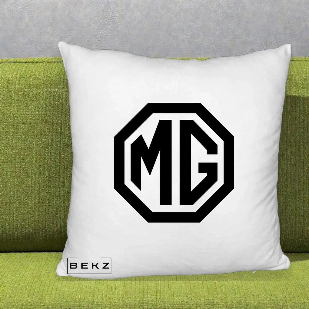 Perna Personalizata cu emblema MG, 40x40 cm, Alb Pufos, Husa Detasabila, Perna Inclusa, BEKZ®