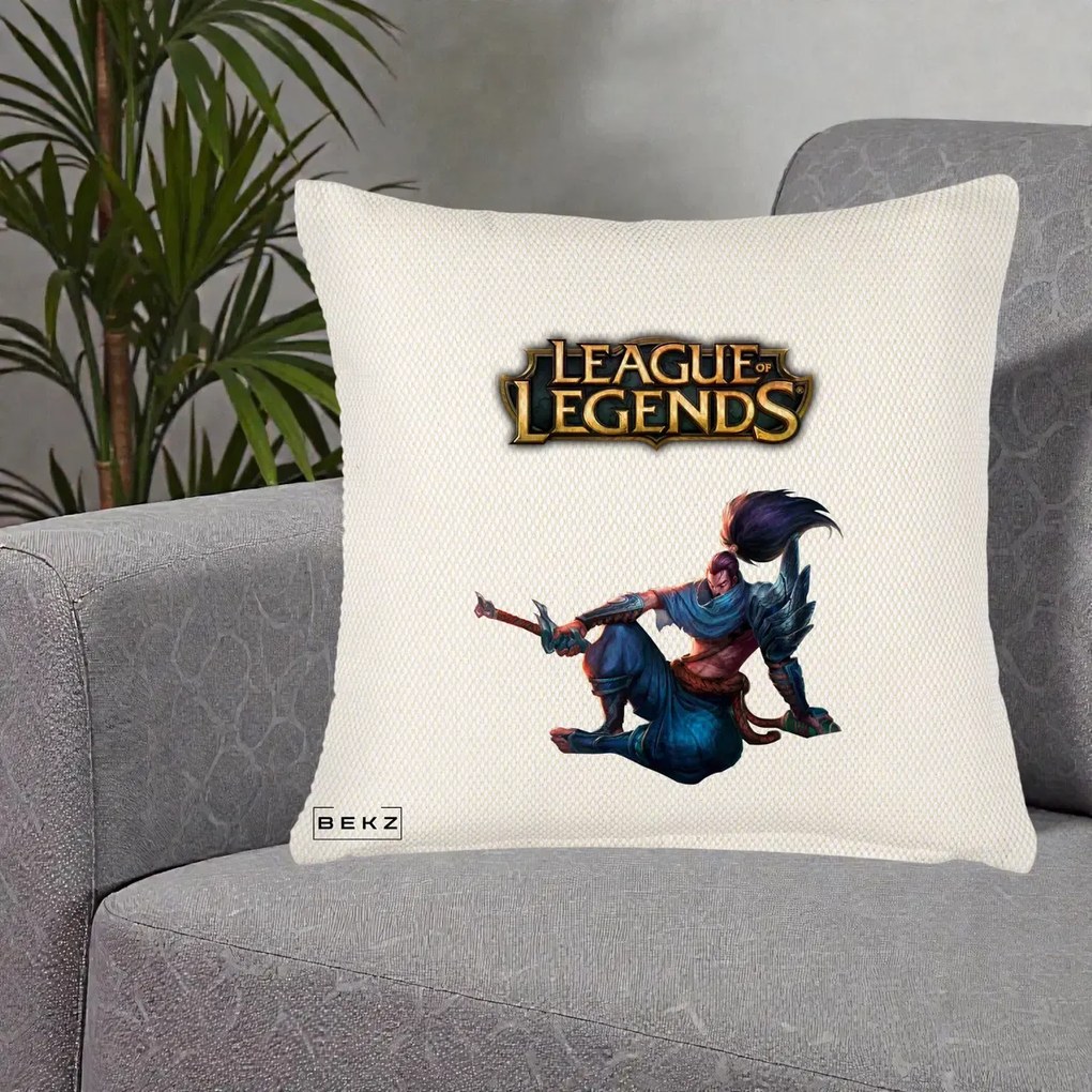 Perna Personalizata League of Legends Yasuo, 40x40 cm, Crem Reliefat, Husa Detasabila, Perna Inclusa, BEKZ®