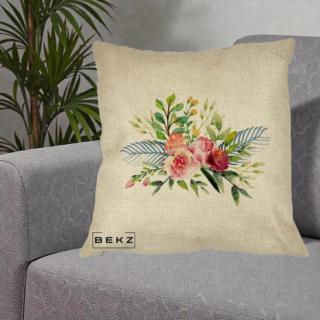 Perna Decorativa Buchet Flori Acuarela Roz-Verde, 40x40 cm, Crem, Husa Detasabila, Perna Inclusa, BEKZ®