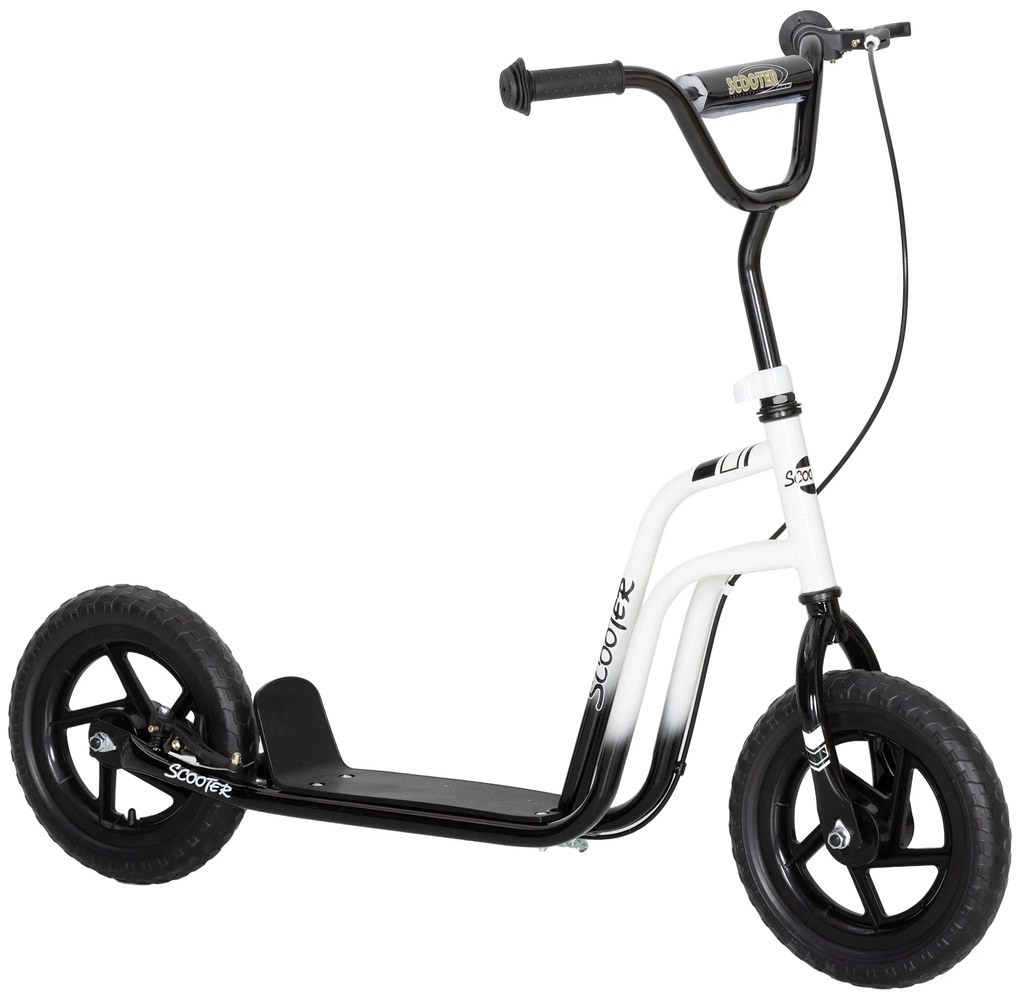 AIYAPLAY Monopatin pentru Copii 5-12 Ani cu Roți Mari de 30cm și Ghidon Reglabil, Monopatin pentru Copii din Oțel cu Frână Posterioară, Suport, Alb și Negru | Aosom Romania