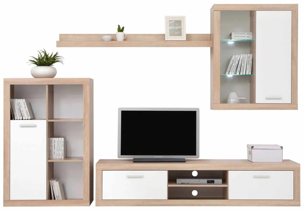 Zondo Mobilier living Seema (alb + stejar sonoma) (fără iluminat). 1047948
