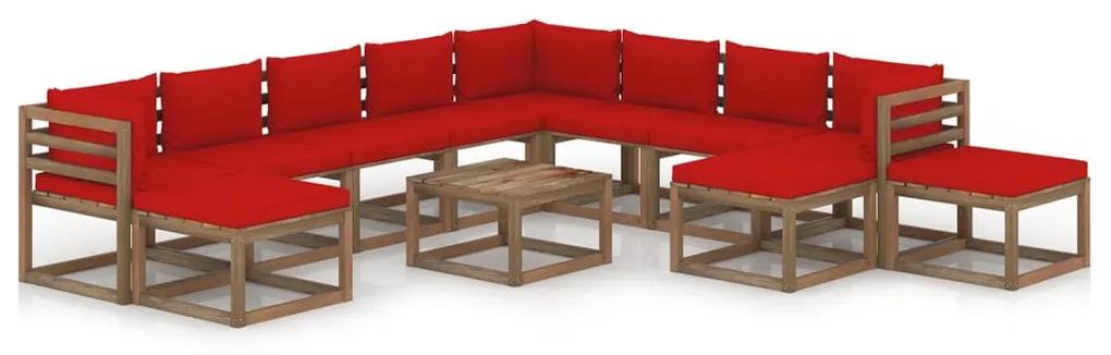 Set mobilier de gradina cu perne rosii, 12 piese Rosu, 3x colt + 5x mijloc + 4x suport pentru picioare, 1