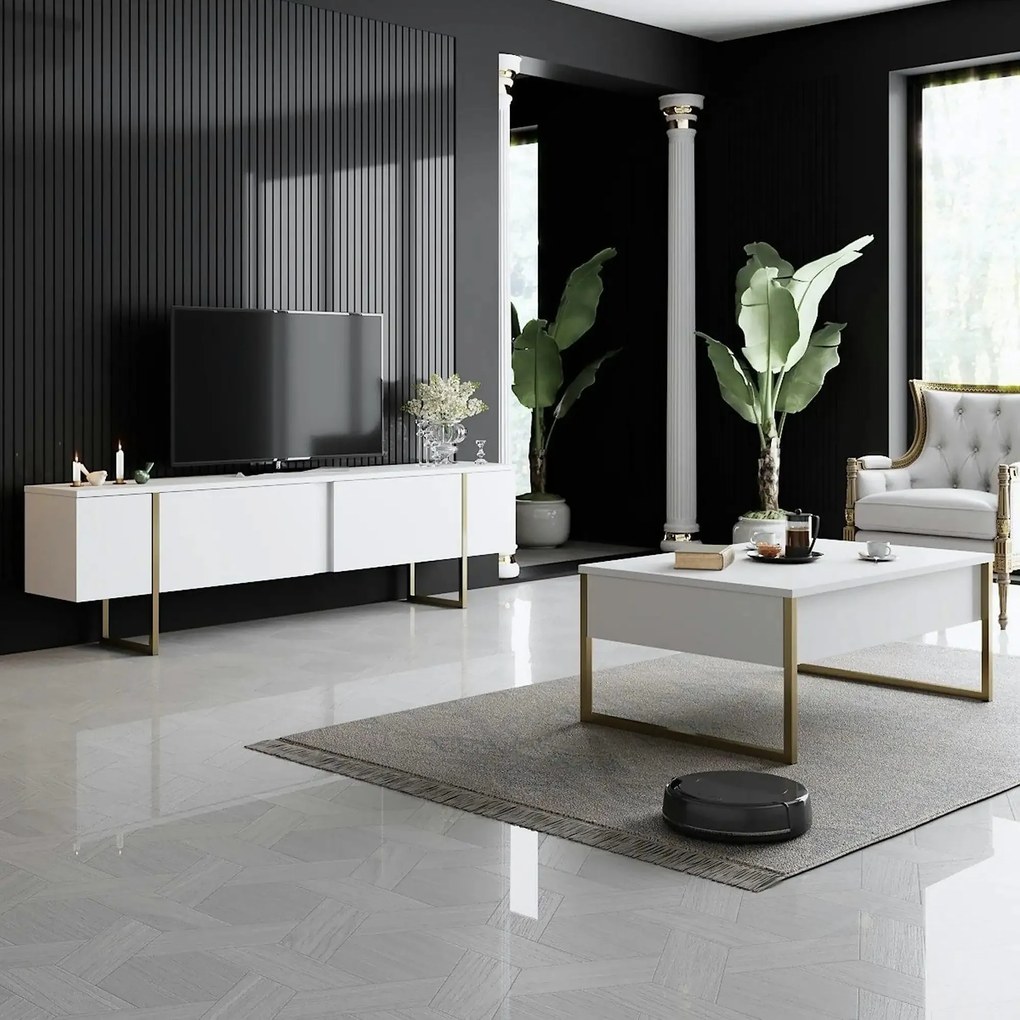 Mobilier living LUXE, alb/auriu, PAL melaminat/metal, 2 piese