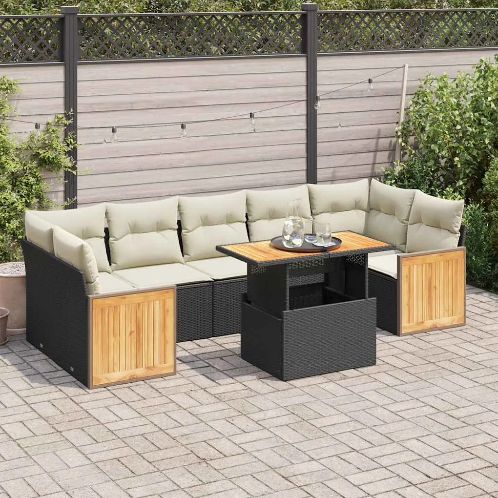 3327682 vidaXL Set mobilier grădină perne 8 piese negru, poliratan/lemn acacia