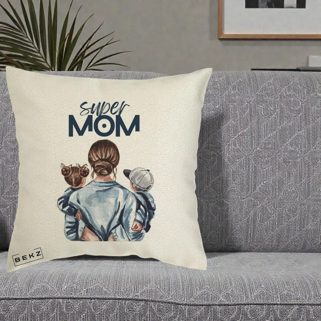 Cadou pentru Mama - Perna Personalizata Super Mom, 40x40 cm, Ecru, Husa Detasabila, Perna Inclusa, BEKZ®