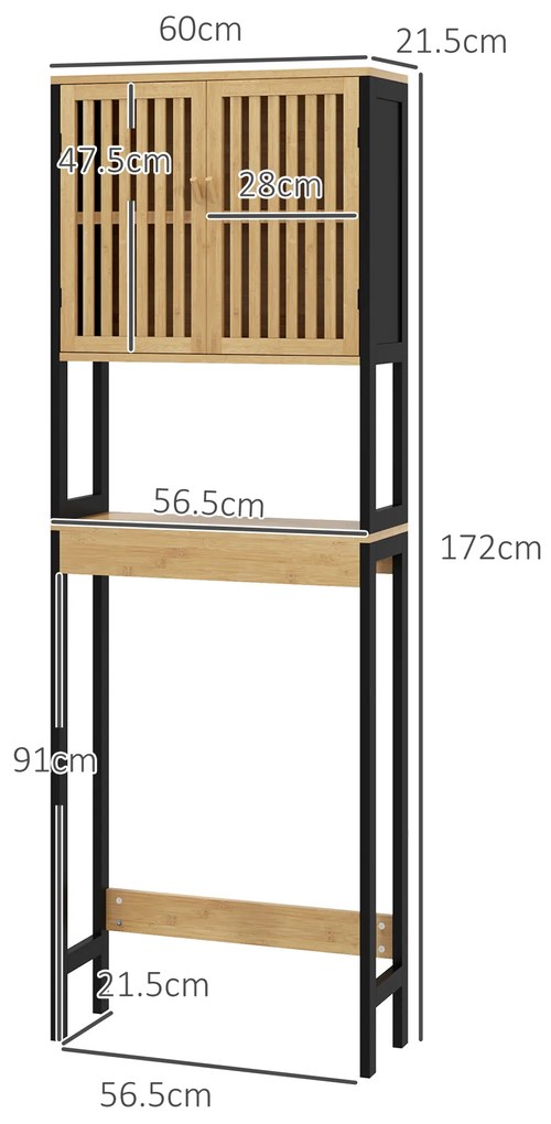 HOMCOM Dulap Baie cu Economie de Spațiu, Dulap Deasupra Toaletei cu 2 Uși și Raft Deschis, 60x21,5x172 cm, Lemn Natural | Aosom Romania