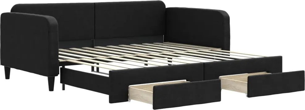 vidaXL Pat de zi cu extensie și sertare, negru, 100x200 cm, textil