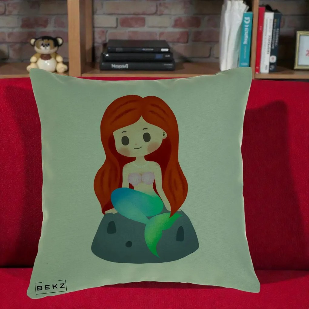 Perna Personalizata Sirena Kawaii Roscat, 40x40 cm, Verde, Husa Detasabila, Perna Inclusa, BEKZ®