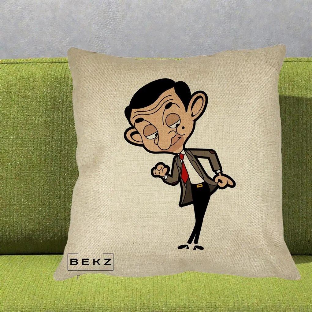 Perna Personalizata Mr. Bean Caricatura, 40x40 cm, Crem, Husa Detasabila, Perna Inclusa, BEKZ®