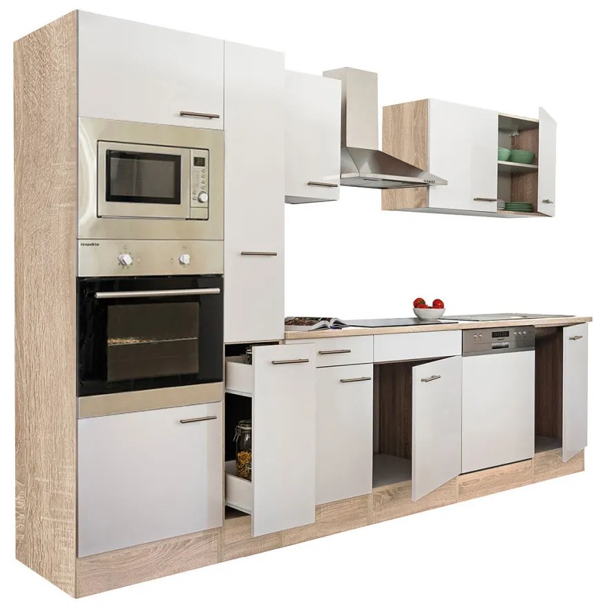 Mobilă de bucătărie Yorki 310, corp din stejar Sonoma, cu față alb satinat