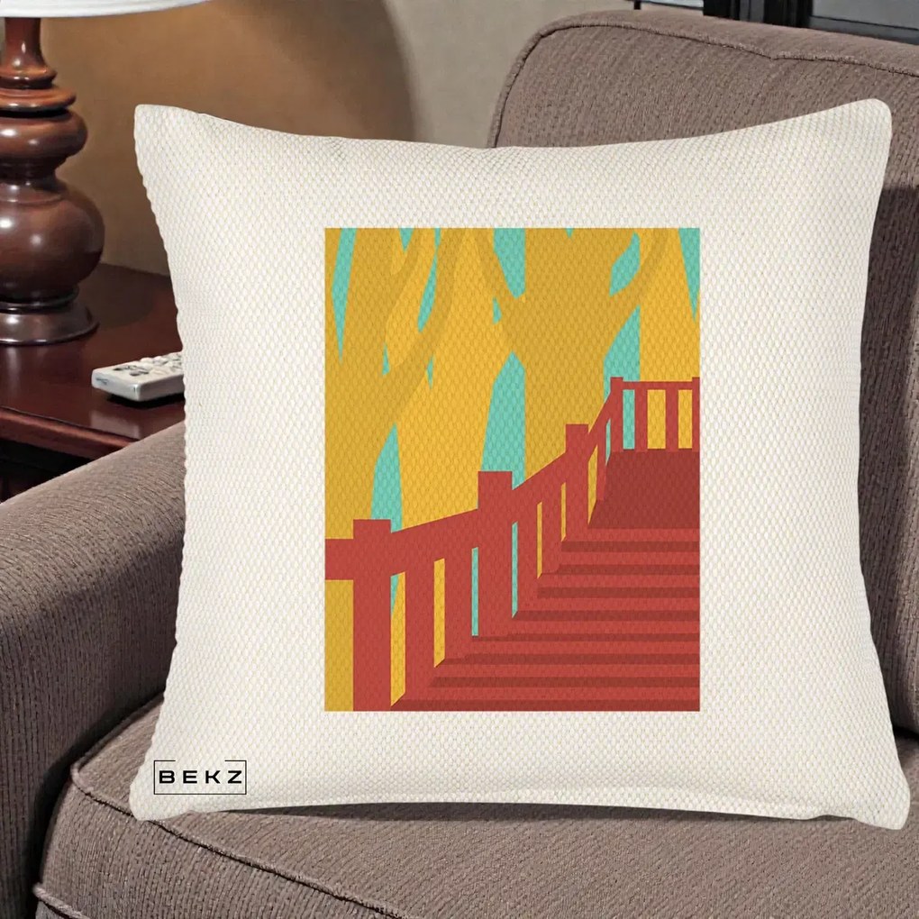 Perna Decorativa Scari Toamna Peisaj Grafic, 40x40 cm, Crem Reliefat, Husa Detasabila, Perna Inclusa, BEKZ®