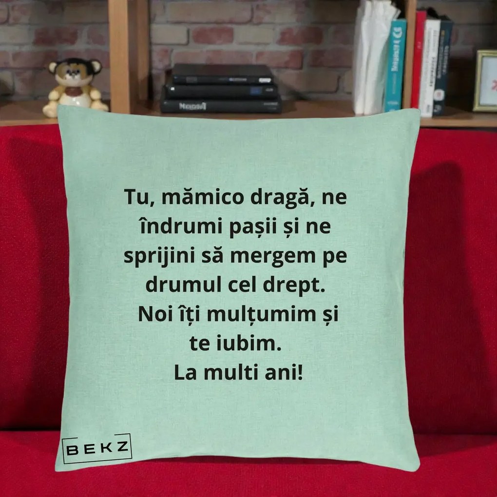 Cadou pentru Mama - Perna Personalizata Mamico Draga Te Iubim La Multi Ani cu Text Negru, 40x40 cm, Verde Menta, Husa Detasabila, Perna Inclusa, BEKZ®