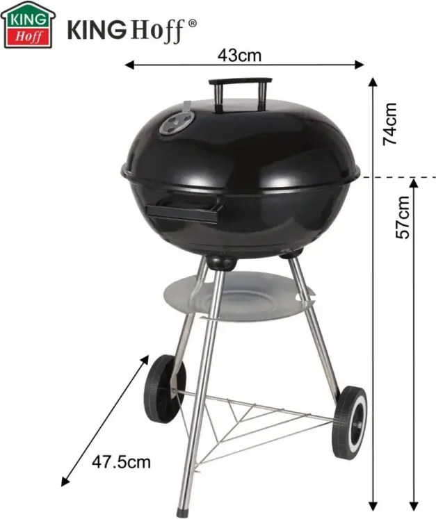 Gratar pe carbuni Kinghoff KH 2033, Ventilatie reglabila, Roti, Otel, Negru