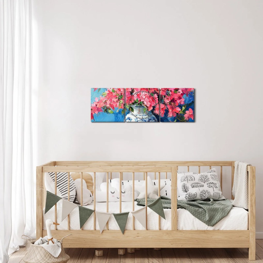 Tablou - Vază cu flori roz (cu ceas) (90x30 cm)