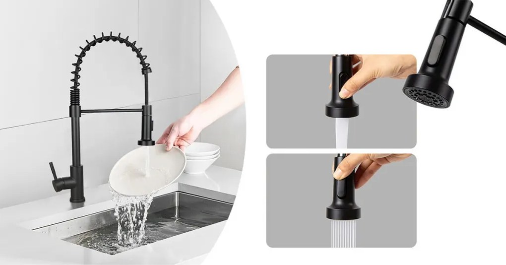 Baterie pentru chiuveta cu teava flexibila si cap de dus detasabil, negru