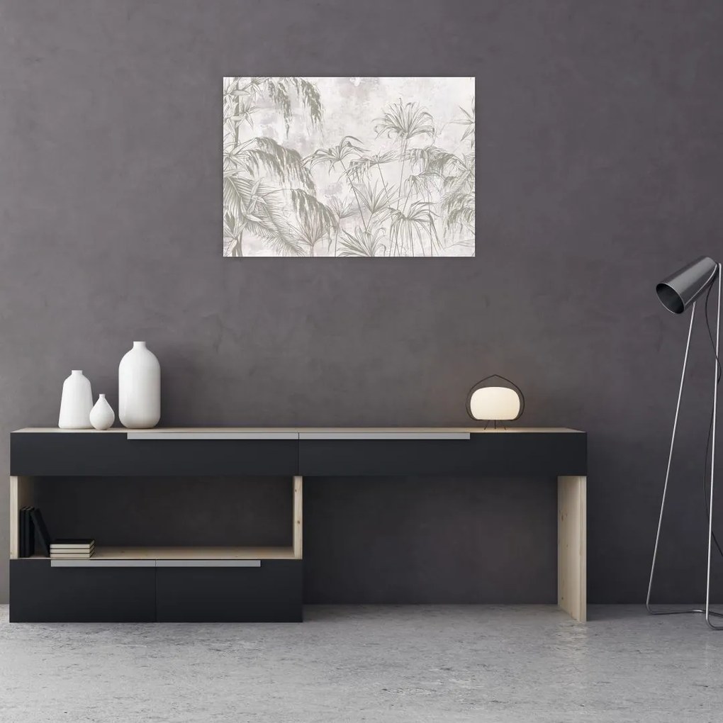 Tablou pe sticlă - Plante tropicale pe perete gri (70x50 cm)