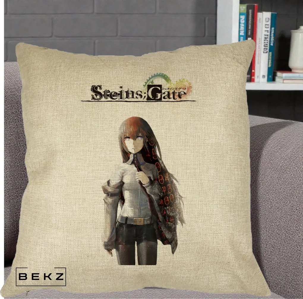 Perna Personalizata Steins Gate Kurisu Makise Anime, 40x40 cm, Crem, Husa Detasabila, Perna Inclusa, BEKZ®