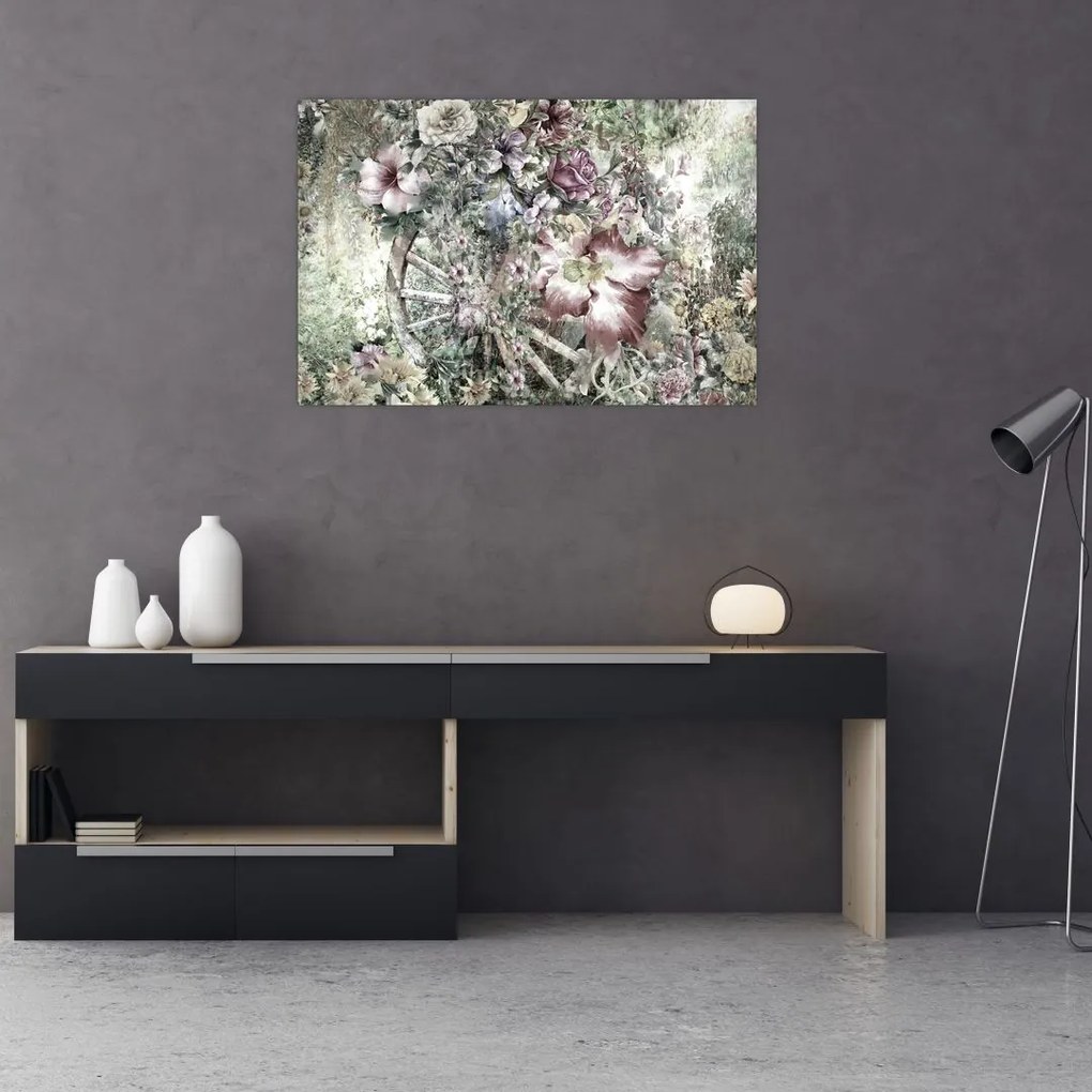 Tablou - Flori pe roata de lemn (90x60 cm)