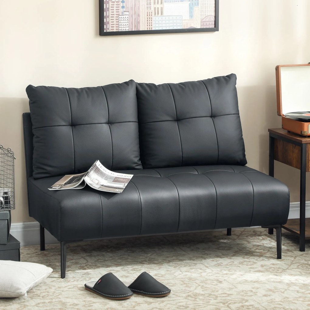 HOMCOM Divan cu Două Locuri Compact din Piele Sintetică, Divan Modern Capitonat cu Nasturi cu Îmbunătățire Spumoasă și Picioare din Lemn, Canapea Fără Brațe pentru Sufragerie și Birou, 115x73x83 cm, Negru | Aosom Romania