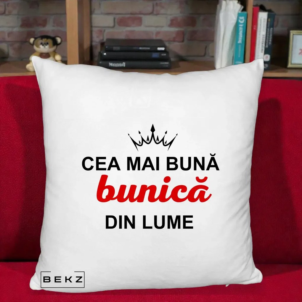 Cadou pentru Bunica - Perna Personalizata Cea Mai Buna Bunica Din Lume Coroana Neagra, 40x40 cm, Alb Pufos, Husa Detasabila, Perna Inclusa, BEKZ®