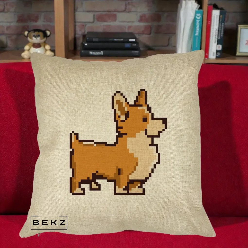 Perna Personalizata Corgi Pixel Art, 40x40 cm, Crem, Husa Detasabila, Perna Inclusa, BEKZ®