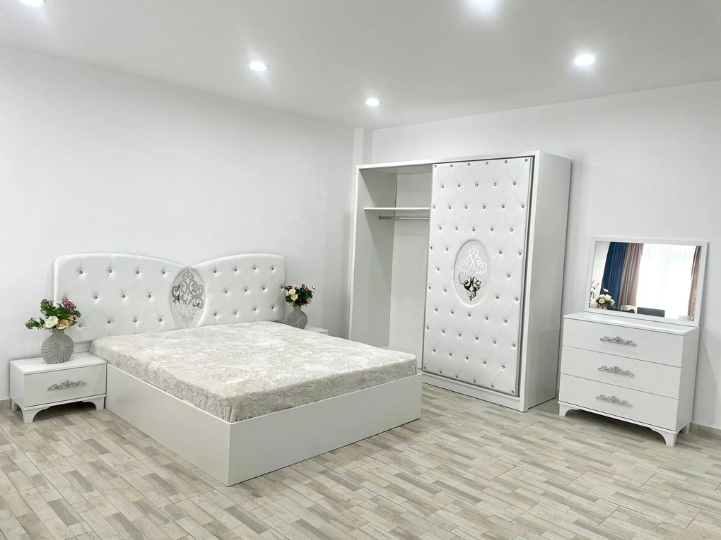 Dormitor Viena, culoare alb, cu pat tapitat 160 x 200 cm, dulap cu 2 usi, comoda cu oglinda, 2 noptiere