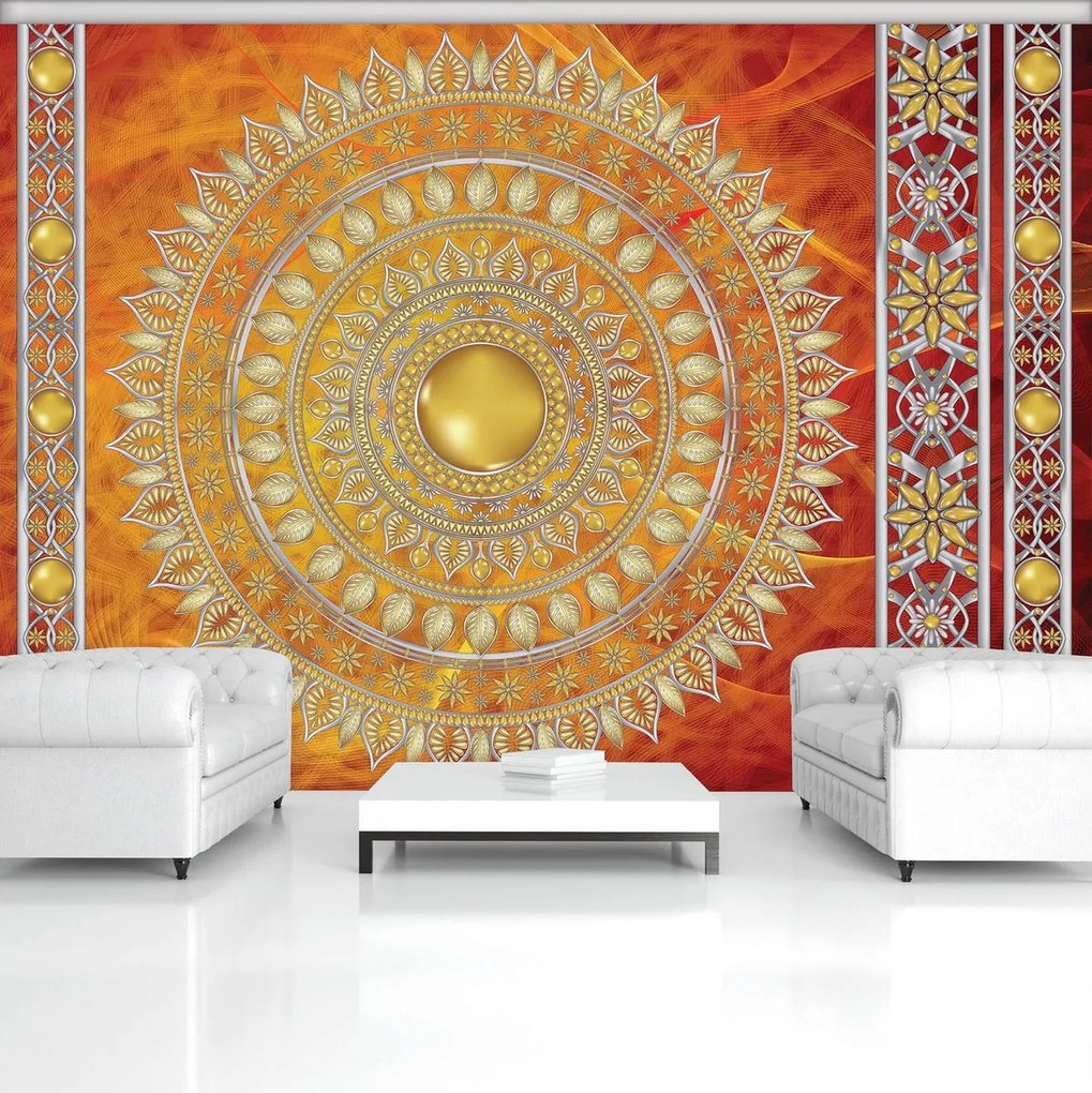 Fototapet - Mandala aurie în roșu (254x184 cm)