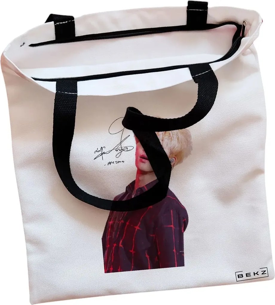 Sacosa de Panza pentru Cumparaturi, Geanta Tote, model BTS Jimin cu semnatura 2, Cu fermoar, 38x34.5 cm, Alba, BEKZ®