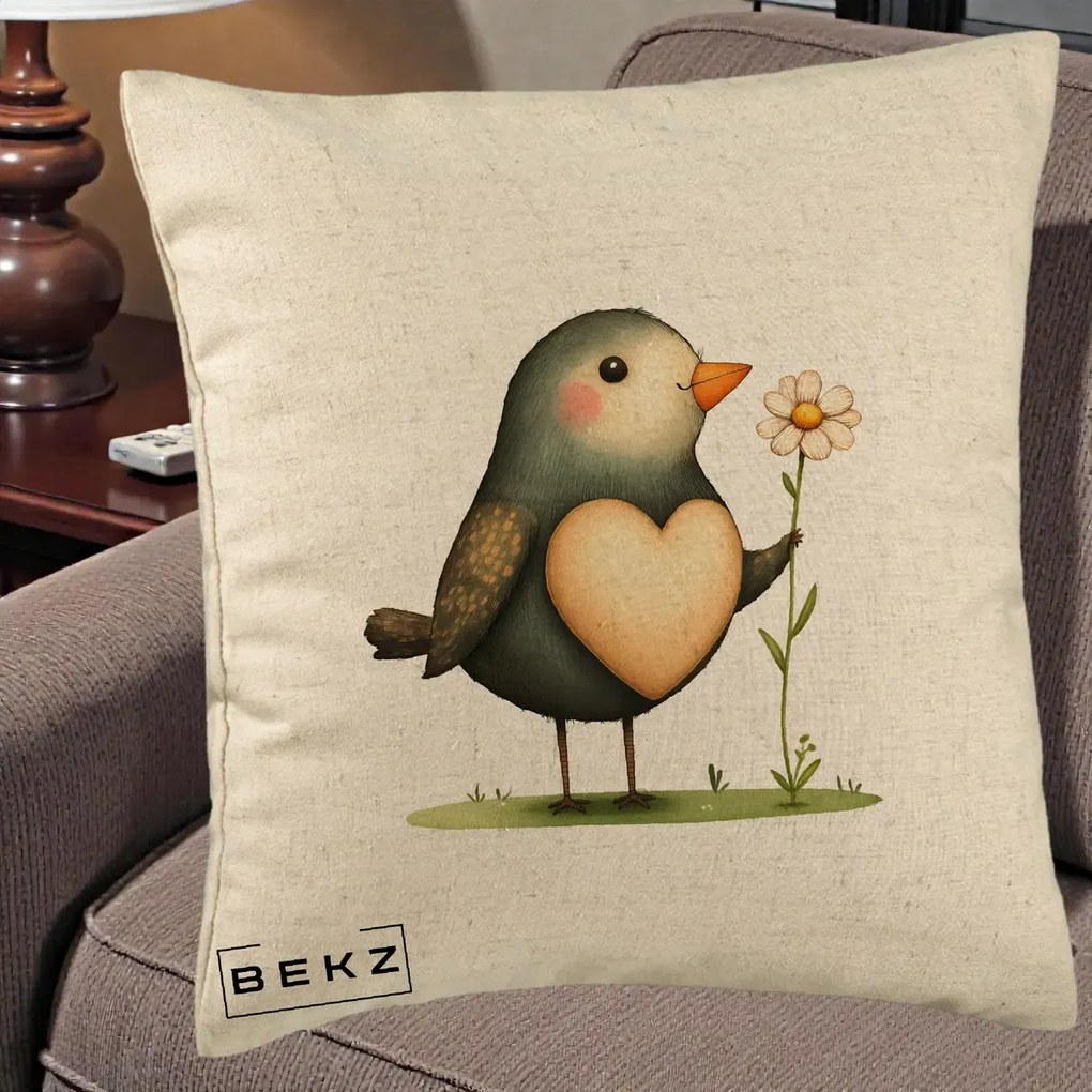 Perna Decorativa Pasare cu Inima si Margareta, 40x40 cm, Bej, Husa Detasabila, Perna Inclusa, BEKZ®