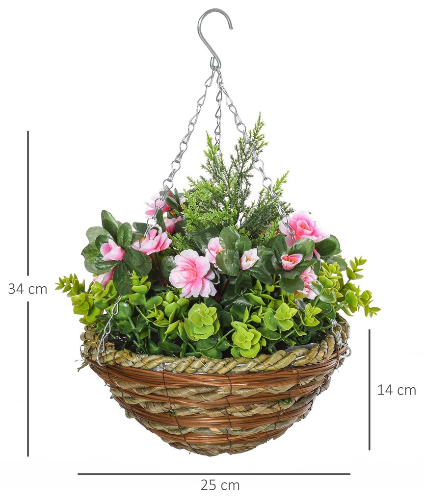 Set 2 ghivece de agatat, plante artificiale Lisianthus in suport de rachita umpluta cu ciment Ф25x34cm Outsunny | Aosom RO