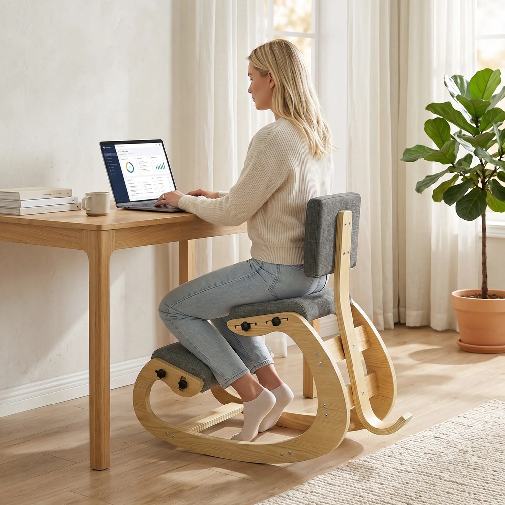 HOMCOM Scaun Ergonomic pentru Genunchi cu Spatar, Balansoar, Postural, In si Lemn Mesteacan, Gri | Aosom Romania