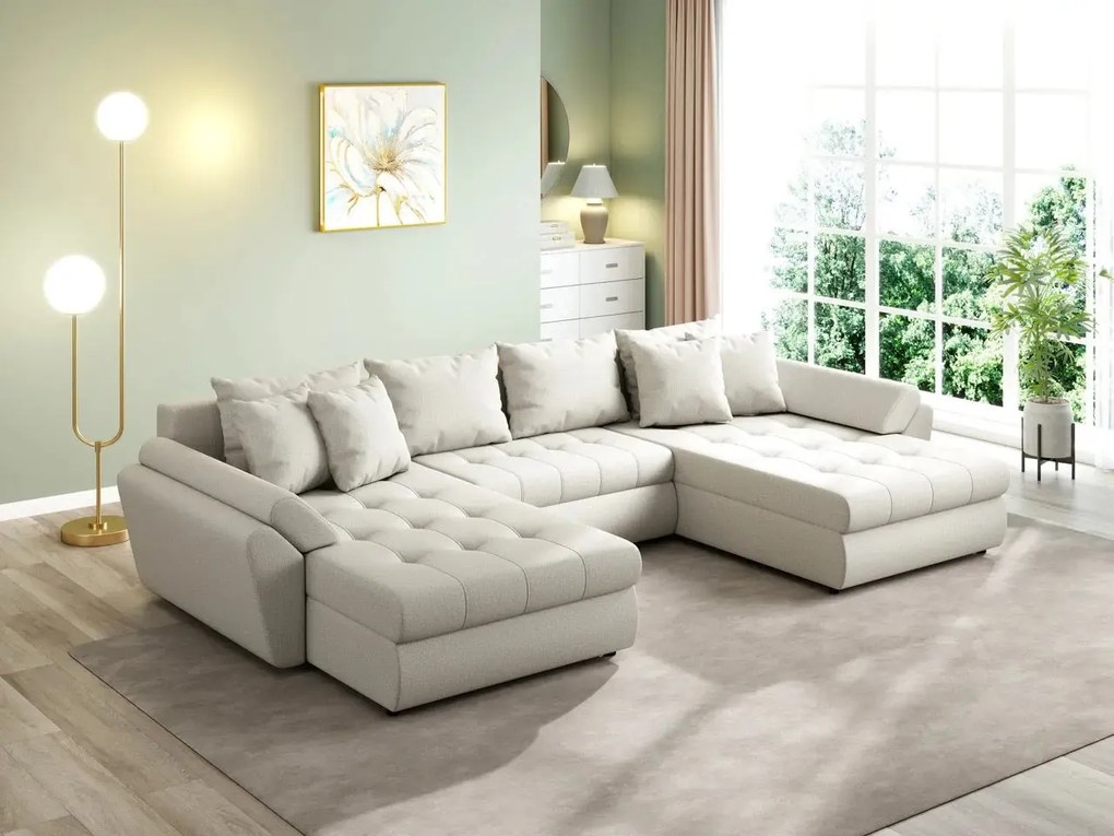 Colțar extensibil dumonde cu ladă de depozitare si sezut confortabil din spuma high-density, Loana U Enjoy Bej 355x185 cm