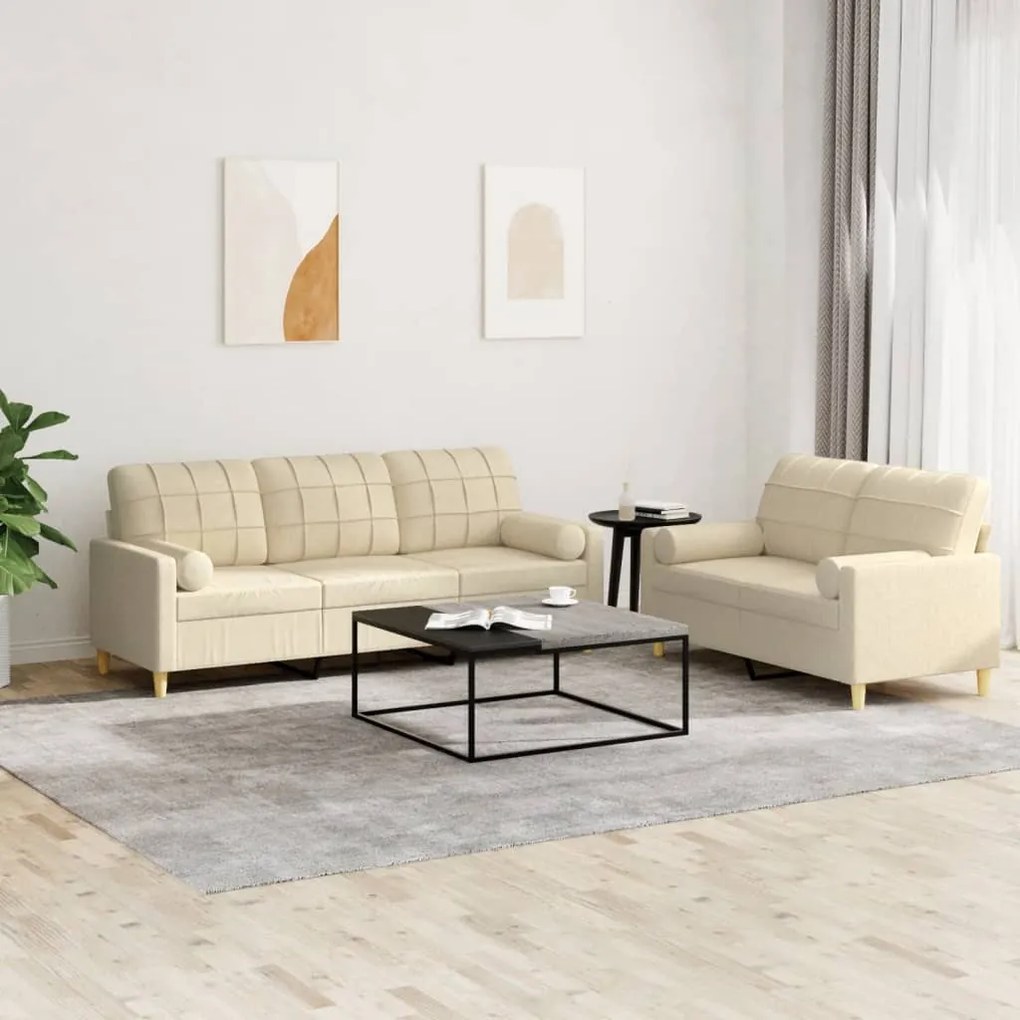 vidaXL Set de canapele cu perne, 2 piese, crem, material textil