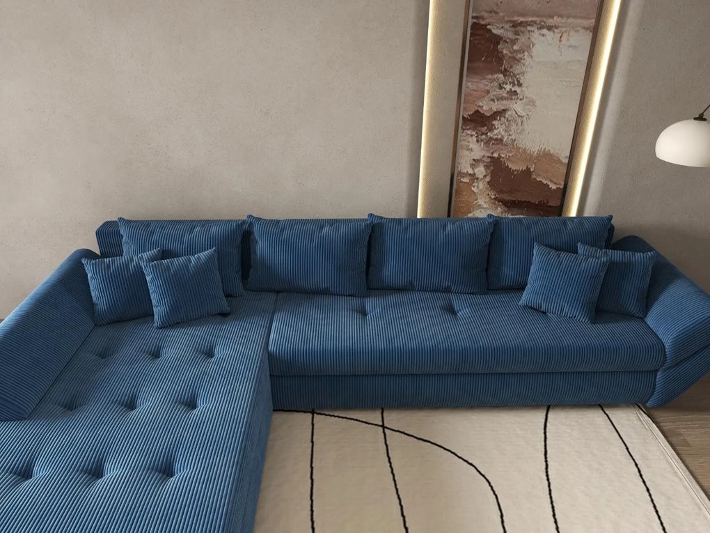 Colțar extensibil dumonde cu ladă de depozitare si sezut confortabil din spuma high-density, Loana XL Zoom Albastru 335x185 cm