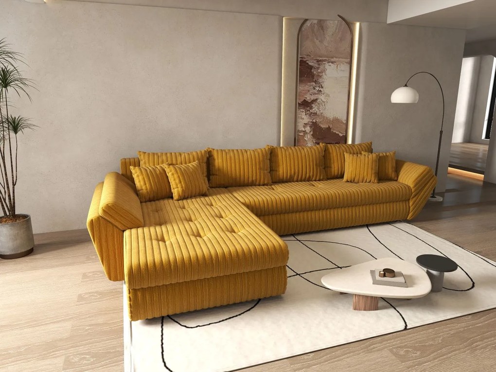 Colțar extensibil dumonde cu ladă de depozitare si sezut confortabil din spuma high-density, Loana XL Ambience Mustar 335x185 cm